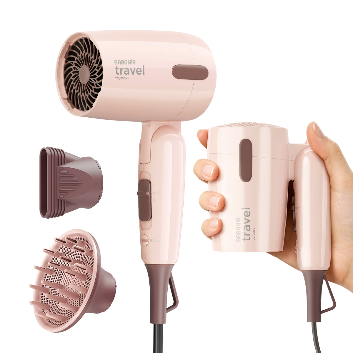 BABONIR pink Travel Hair Dryer, folded and unfolded, with diffuser and concentrator