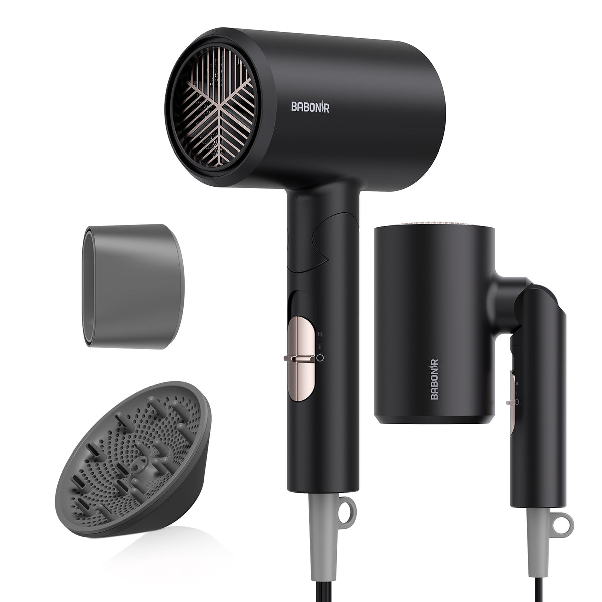 BABONIR FoldEase Black hair dryer with diffuser and concentrator