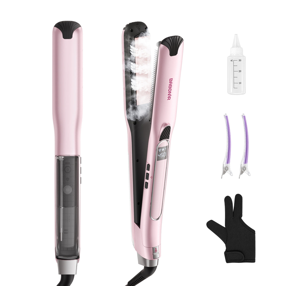 BABONIR pink Steam Comb Hair Straightener with filler bottle, clips and glove